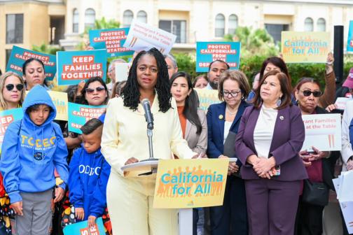 Senator Lola Smallwood-Cuevas at the “California for All” press conference