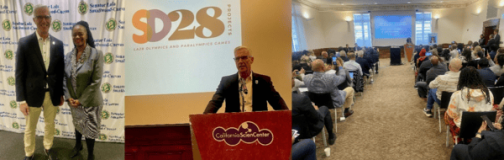 (far left photo) LA28 CEO Reynold Hoover is pictured with Senator Lola Smallwood-Cuevas at the symposium; (center photo) LA28 CEO Reynold Hoover is shown giving a presentation at the symposium; (far right photo) Symposium attendees listen to a presentation by the Mayor’s Office of Business and Economic Development.