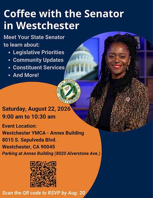 Flyer with the Senator's headshot and details of the event