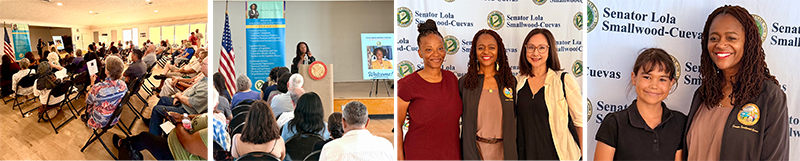 Collage of 4 images of Senator Smallwood-Cuevas speaking at an event and photographed with constituents